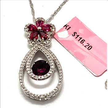 Genuine Diamond & Rhodolite,  925 Sterling Silver & 18k Gold Ovr Necklace