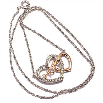 “MOM” Heart Necklace with 7 Genuine Diamonds in 18K Gold Overlay