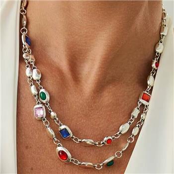 Multi-Gem & 18k White Gold Overlay Layering Necklace