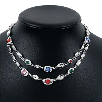 Multi-Gem & 18k White Gold Overlay Layering Necklace