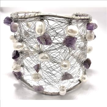 Nina Nguen Design 42 White Pearls & Amethyst Large Bangle Bracelet