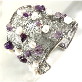 Nina Nguen Design 42 White Pearls & Amethyst Large Bangle Bracelet
