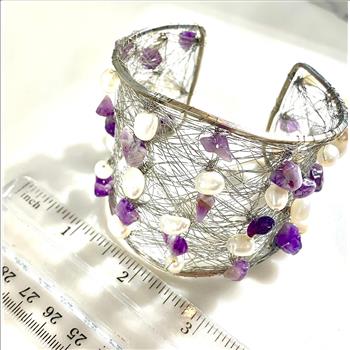 Nina Nguen Design 42 White Pearls & Amethyst Large Bangle Bracelet