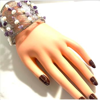 Nina Nguen Design 42 White Pearls & Amethyst Large Bangle Bracelet