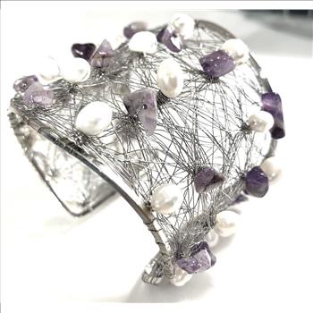 Nina Nguen Design 42 White Pearls & Amethyst Large Bangle Bracelet