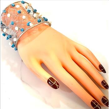 Nina Nguen Design 42 White Pearls & Turquoise Large Bangle Bracelet