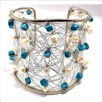 Nina Nguen Design 42 White Pearls & Turquoise Large Bangle Bracelet