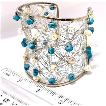 Nina Nguen Design 42 White Pearls & Turquoise Large Bangle Bracelet