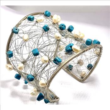 Nina Nguen Design 42 White Pearls & Turquoise Large Bangle Bracelet