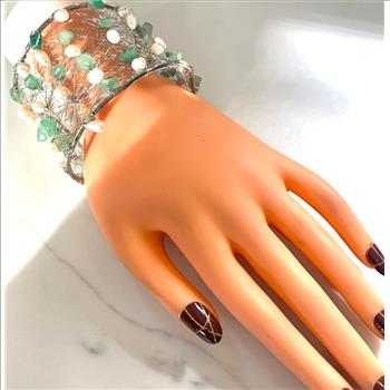 Nina Nguen Design 53 White Pearls & Emeralds Large Bangle Bracelet