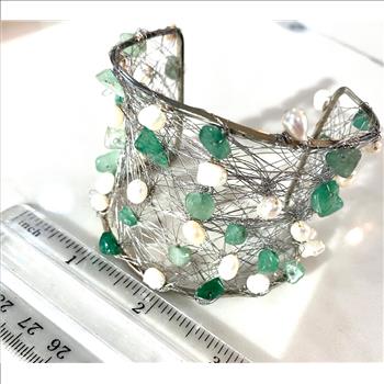 Nina Nguen Design 53 White Pearls & Emeralds Large Bangle Bracelet