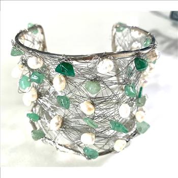 Nina Nguen Design 53 White Pearls & Emeralds Large Bangle Bracelet