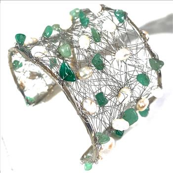 Nina Nguen Design 53 White Pearls & Emeralds Large Bangle Bracelet