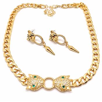 Panther Necklace & Earrings Set 18K Gold Overlay