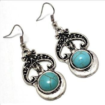 Pressed Turquoise Drop Dangle Earrings Lead-Free Brass 1 7/8