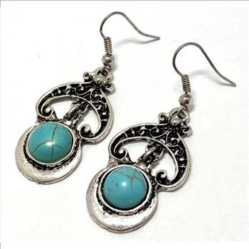Pressed Turquoise Drop Dangle Earrings Lead-Free Brass 1 7/8