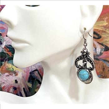 Pressed Turquoise Drop Dangle Earrings Lead-Free Brass 1 7/8