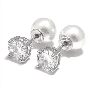 Reversible Design 2 IN 1 3.00ctw VVS-F Simulated Diamond & Pearl Stud Earrings