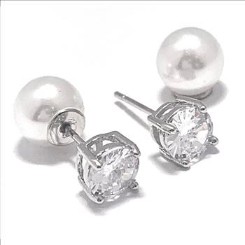 Reversible Design 2 IN 1 3.00ctw VVS-F Simulated Diamond & Pearl Stud Earrings