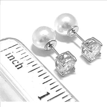 Reversible Design 2 IN 1 3.00ctw VVS-F Simulated Diamonds & Pearl Stud Earrings