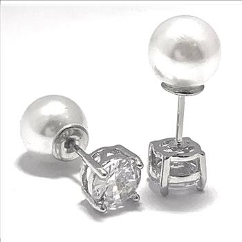 Reversible Design 2 IN 1 3.00ctw VVS-F Simulated Diamonds & Pearl Stud Earrings