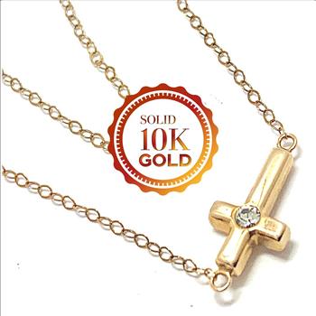Solid 10k Gold 0.05ctw Diamonique Diamond Horizontal  Cross Necklace