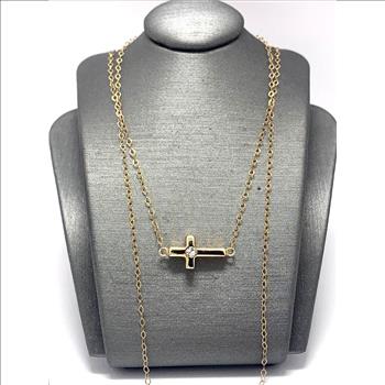 Solid 10k Gold 0.05ctw Diamonique Diamond Horizontal  Cross Necklace