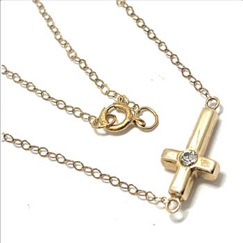 Solid 10k Gold 0.05ctw Diamonique Diamond Horizontal  Cross Necklace