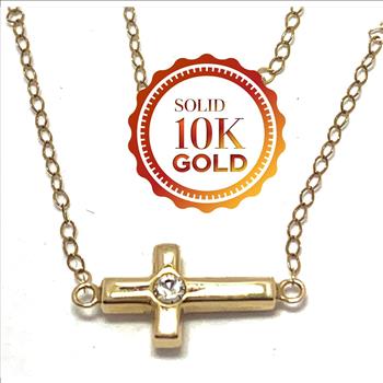 Solid 10k Gold 0.05ctw Diamonique Diamond Horizontal  Cross Necklace