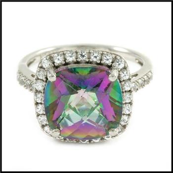 Solid .925 Sterling Silver & White Gold Plated, Mystic Topaz & White Sapphire Ring Size 7