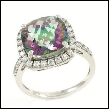 Solid .925 Sterling Silver & White Gold Plated, Mystic Topaz & White Sapphire Ring Size 7