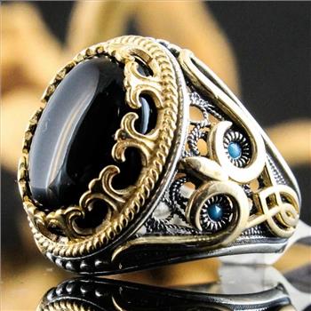 Special Design 18k Gold Overlay 10.00ctw Black Onyx & Turquoise Unisex Ring Size 10