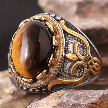 Special Design 18k Gold Overlay 22.00ct Tiger Eye Unisex Ring Size 10