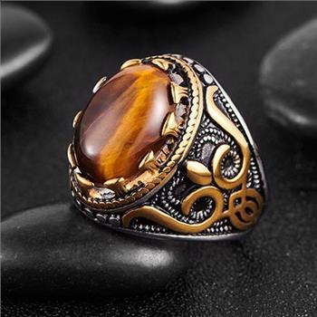 Special Design 18k Gold Overlay 22.00ct Tiger Eye Unisex Ring Size 10