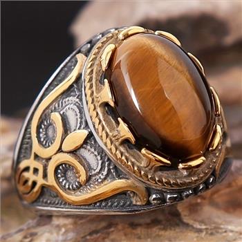 Special Design 18k Gold Overlay 22.00ct Tiger Eye Unisex Ring Size 10