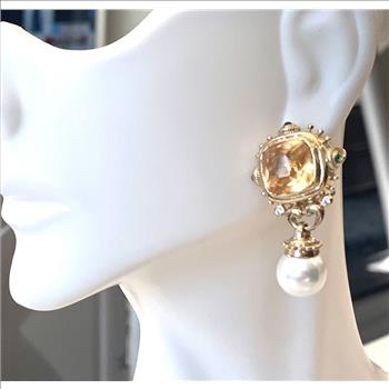 TOVA Designer .925 Sterling Silver Pearl, Golden Topaz  Earrings