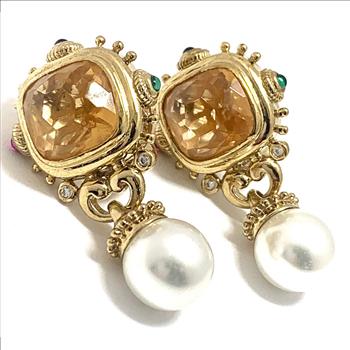 TOVA Designer .925 Sterling Silver Pearl, Golden Topaz  Earrings