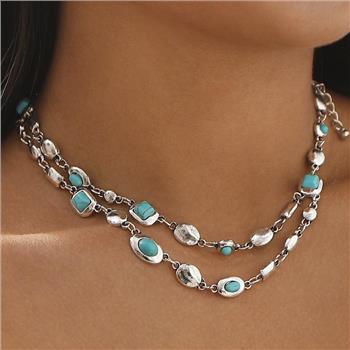 Turquoise & 18k White Gold Overlay Layering Necklace