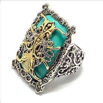 Two-Tone, Turquoise & White Zircon Ring sz6