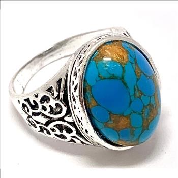 Unisex Blue Turquoise Ring | 18K White Gold Over | Vintage Statement Ring