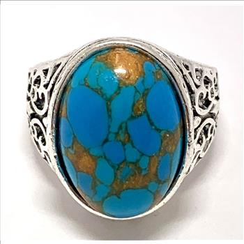 Unisex Blue Turquoise Ring | 18K White Gold Over | Vintage Statement Ring