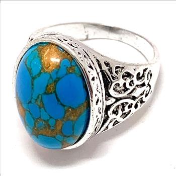 Unisex Blue Turquoise Ring | 18K White Gold Over | Vintage Statement Ring