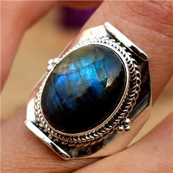 Unisex Labradorite Statement Ring 18k White Gold Ovr Size 10