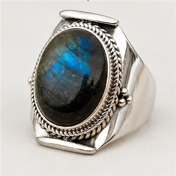 Unisex Labradorite Statement Ring 18k White Gold Ovr Size 10