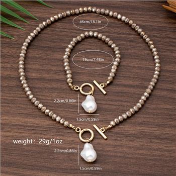 White Pearl / Cream Topaz Bead Toggle Necklace & Bracelet Set 18k Gold Ovr