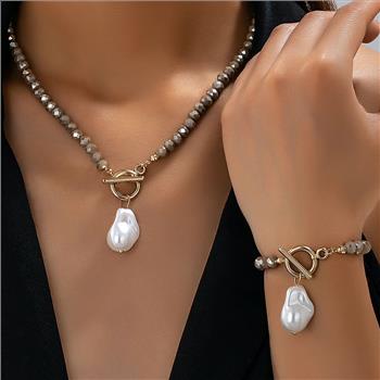 White Pearl / Cream Topaz Bead Toggle Necklace & Bracelet Set 18k Gold Ovr