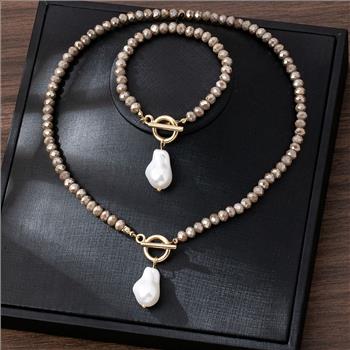 White Pearl / Cream Topaz Bead Toggle Necklace & Bracelet Set 18k Gold Ovr