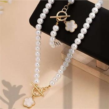 White Pearl Necklace & Bracelet Set  18K Gold Overlay