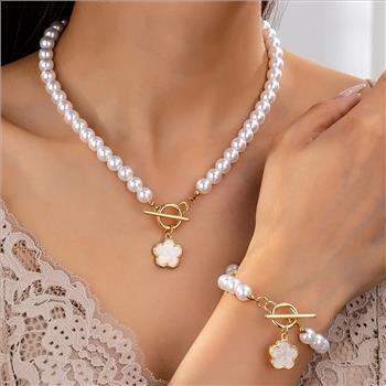 White Pearl Necklace & Bracelet Set  18K Gold Overlay