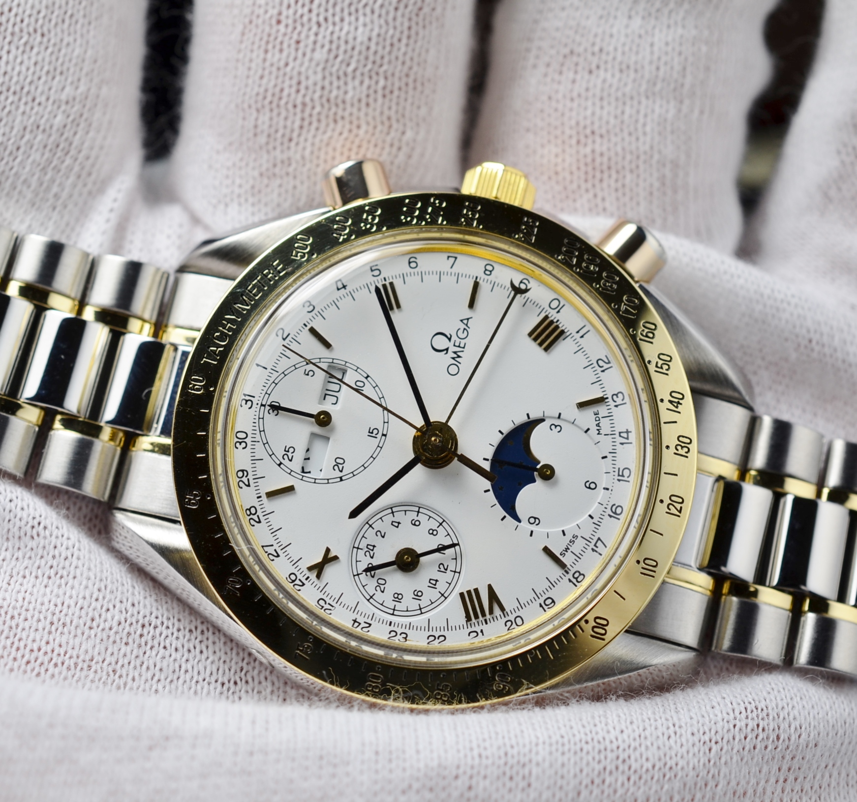 Rare Omega Speedmaster 18K Gold SS MoonPhase Day Date Month Chronograph 